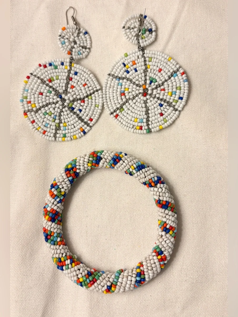 African Maasai Beaded Earrings White Beaded Hoop Earrings & Matching Bangle Set